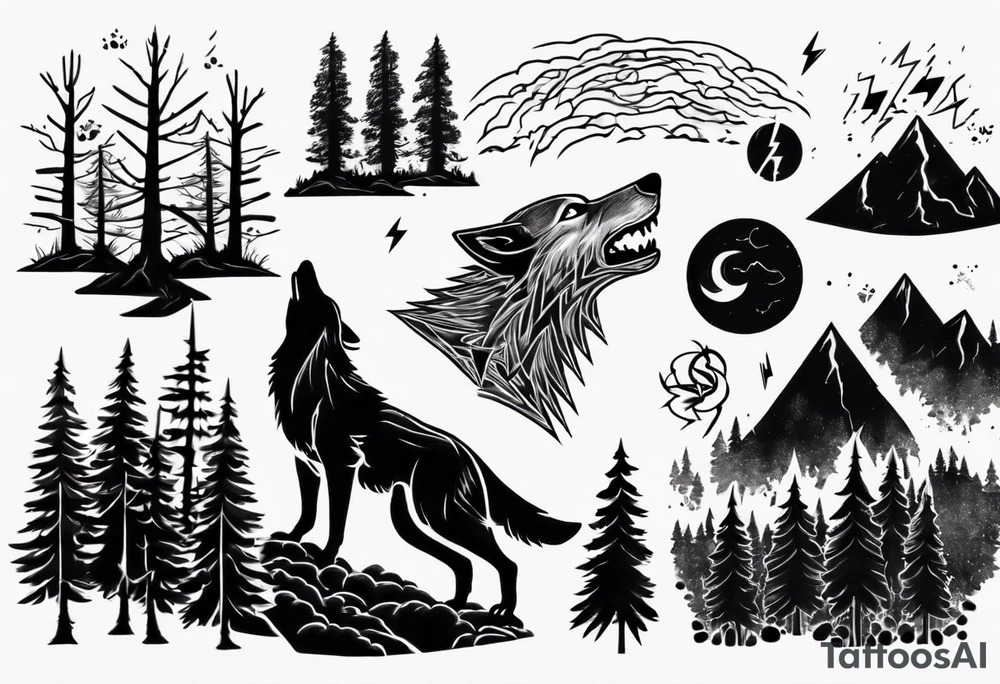 lightning storm over a forest with a distant wolf howling tattoo idea lightning storm over a forest with a distant wolf howling tattoo idea
