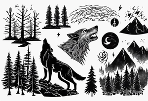 lightning storm over a forest with a distant wolf howling tattoo idea