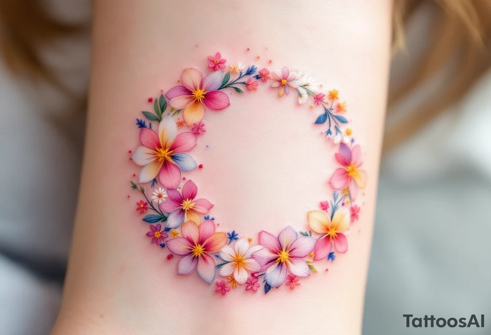 A circle made of tiny colorful flowers in pink, white, and yellow, symbolizing the cycle of life. tattoo idea
