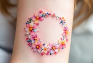 A circle made of tiny colorful flowers in pink, white, and yellow, symbolizing the cycle of life. tattoo idea