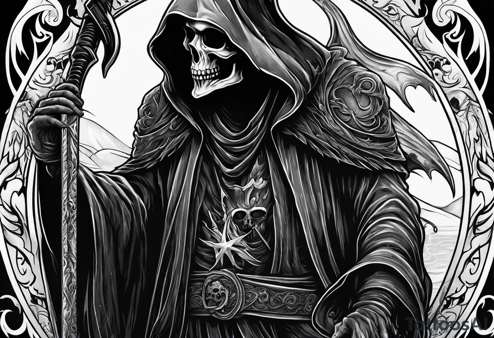Grim reaper with a kraken in the background tattoo idea