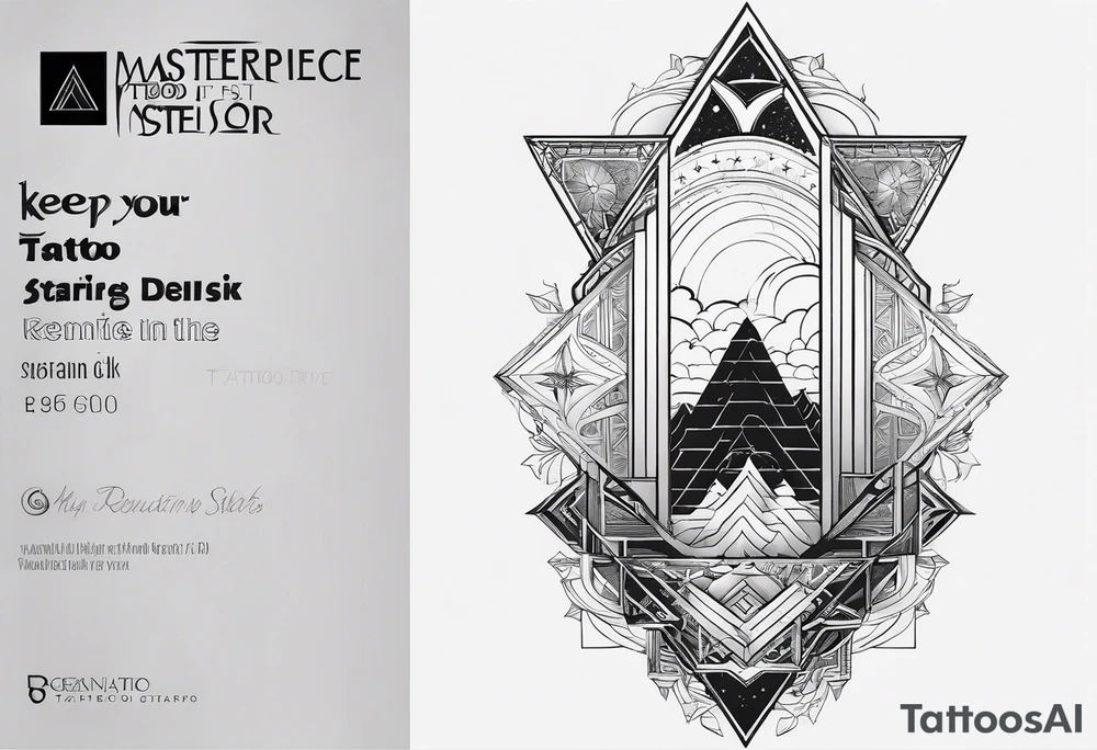 Geometric tattoo for back and neck with straight line going up beck depicting saying “keep your feet in the ground and your eyes on the stars” tattoo idea
