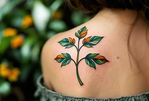 Bodhi leaf in earthy green and warm brown, symbolizing enlightenment under the Bodhi tree. tattoo idea