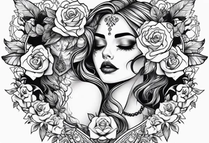 chest tattoo, from shoulder to shoulder, covering lover part of the neck. contains skulls, roses and muertos style girls tattoo idea