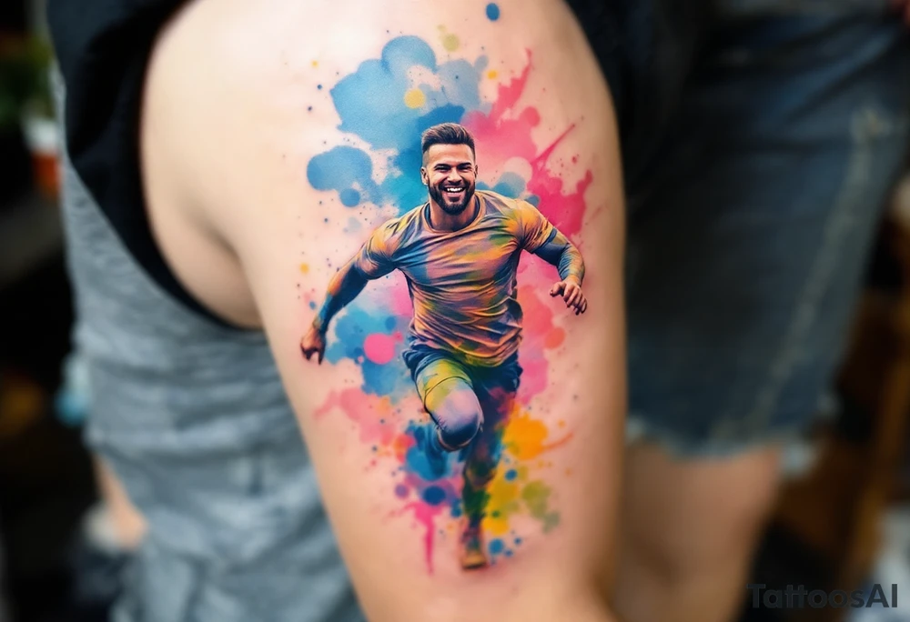 Stafford in Watercolor Style – A cheerful Stafford mid-run, surrounded by splashes of vibrant blue, pink, and yellow watercolor strokes. tattoo idea
