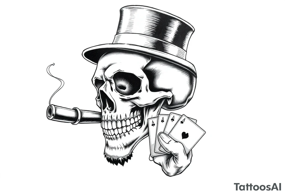 a skull with mustache, a big cigar in his mouth,top-hat on his head and playing cards in a hand. tattoo idea
