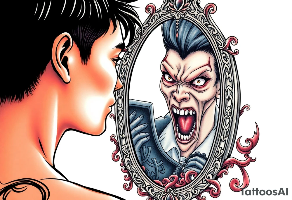 Handsome Asian young guy is looking in cursed mirror and see the evil tattoo idea