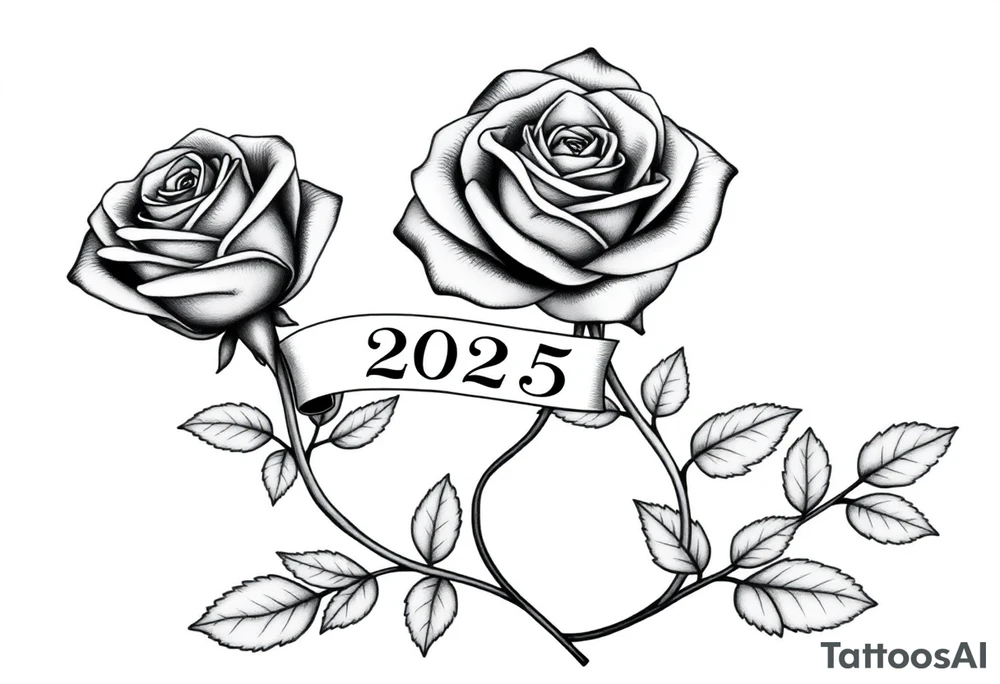 two beautiful large rose buds, one larger than the other, with many leaves next to the rose buds, with one sitting higher than the other. Include a banner connecting the two roses with "2025" on it.   Use dark outlines with little shading. The two stems should be short, not long, and connect and join into one stem, whimsically curved or twisted - not straight down. tattoo idea