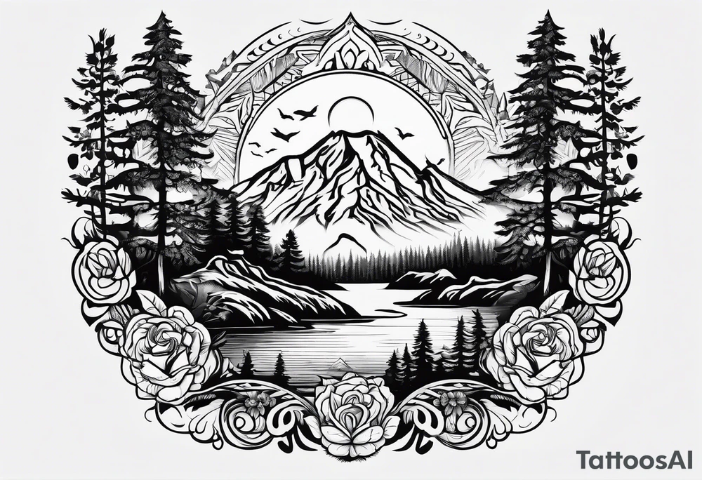 Mexican American inspired Tattoo that incorporates love for family and importance of building wealth. Include elements of the Pacific Northwest Forrest tattoo idea