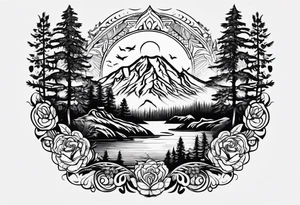 Mexican American inspired Tattoo that incorporates love for family and importance of building wealth. Include elements of the Pacific Northwest Forrest tattoo idea