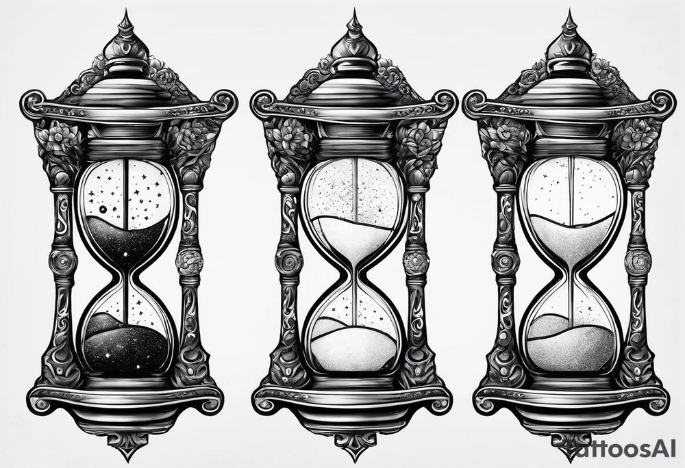 ornate hourglass, long, cosmic stardust, space, time, masculine, minimalist, tattoo idea