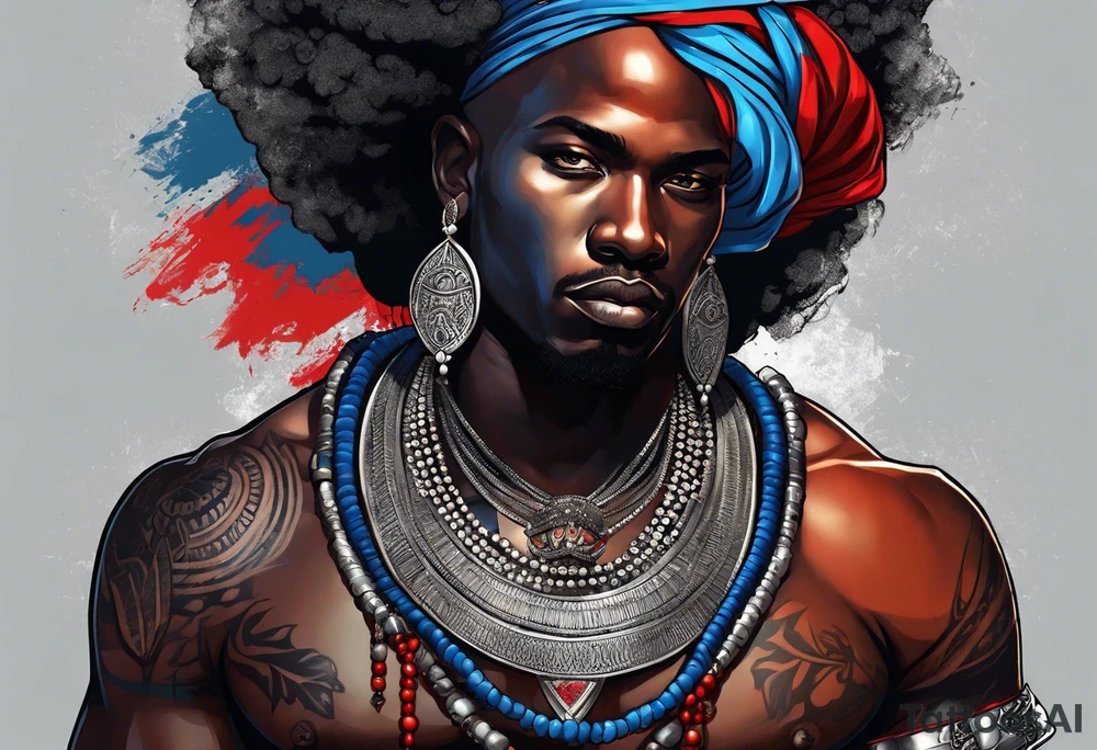 Black-skinned bald african warrior. He wears a simple and small silver crown. He uses blue and red necklaces tattoo idea