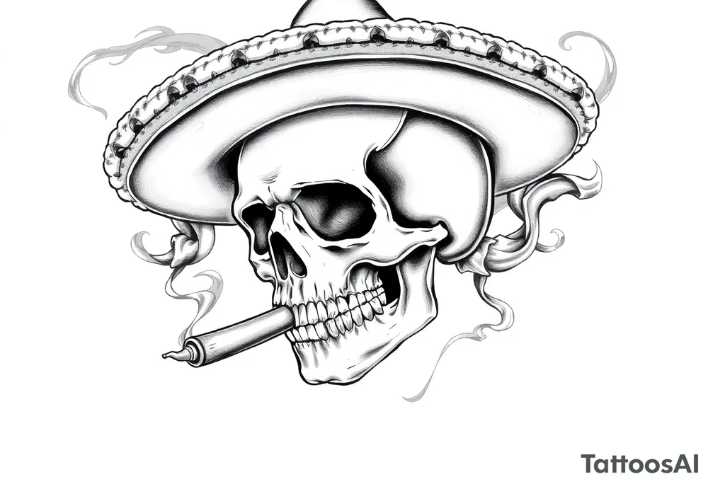 A skull with a sombrero and cigar, surrounded by swirling smoke. tattoo idea
