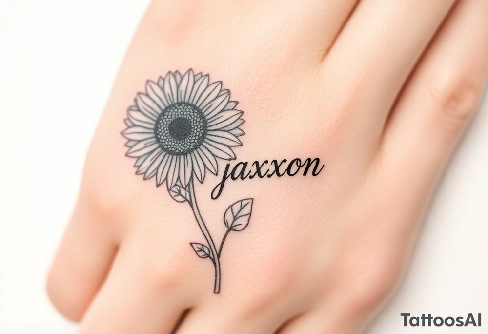 a sunflower and stem with the name jaxxon embedded in the stem tattoo idea