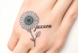 a sunflower and stem with the name jaxxon embedded in the stem tattoo idea