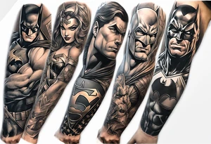 Full arm sleeve tattoo extending from shoulder to wrist featuring an assemble of only the emblems of DC comic heroes and villians tattoo idea