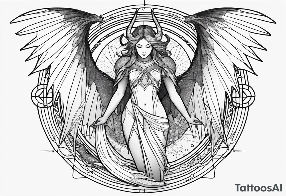 angel, dragon, geometric lines, figures, constellation cancer tattoo idea