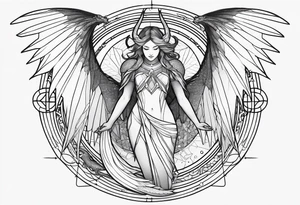 angel, dragon, geometric lines, figures, constellation cancer tattoo idea