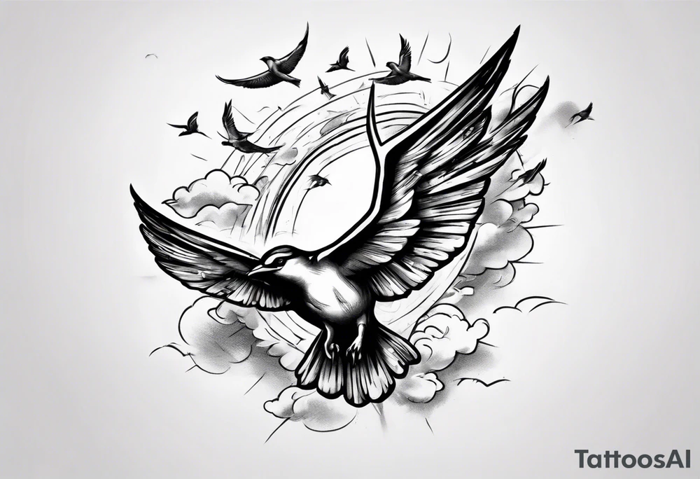 a shoulder tattoo with rays of light, clouds and birds flying free tattoo idea