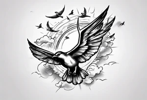 a shoulder tattoo with rays of light, clouds and birds flying free tattoo idea
