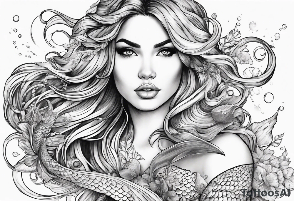 sexy goddess mermaid with flowing hair and long flowing tail with scales and tattoos combine the favorites tattoo idea