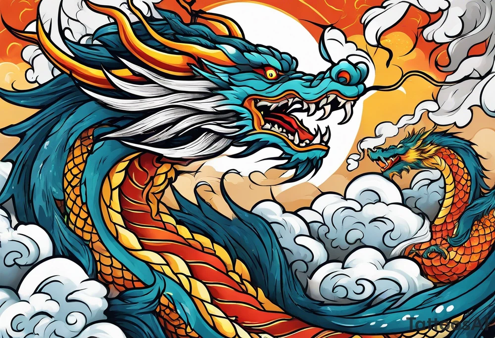 chinese dragon blowing fire while flying through a thunderstorm tattoo idea