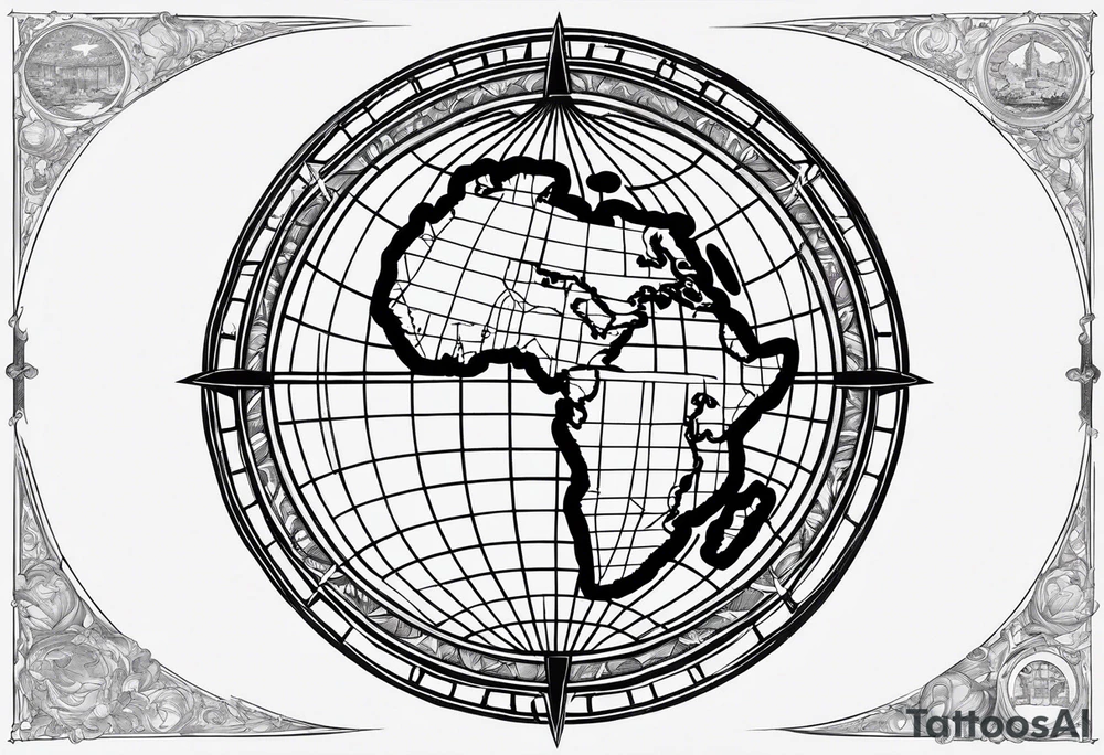 the earth on a flat map with no shading placed on a grid with only the lines with accurate depictions of the borders in countries while having it in an oval/circular position on a grid without any borders on the sides while having the countries not have such bold borders tattoo idea