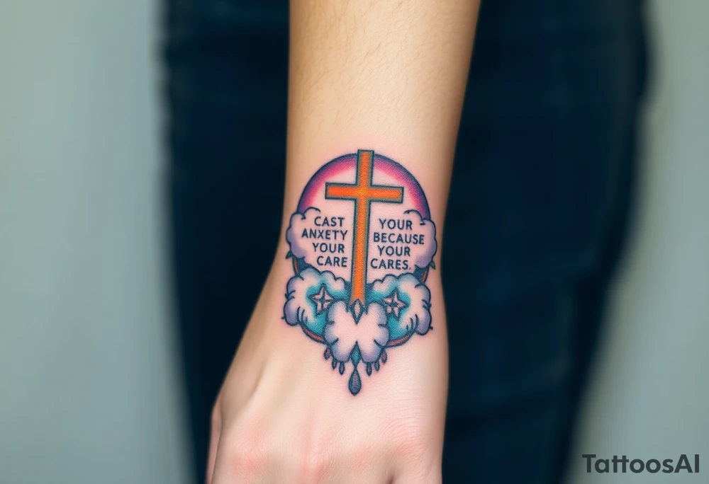 cast all your anxiety on him because he cares for you"  surrounded with clouds and cross tattoo idea
