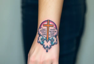 cast all your anxiety on him because he cares for you"  surrounded with clouds and cross tattoo idea
