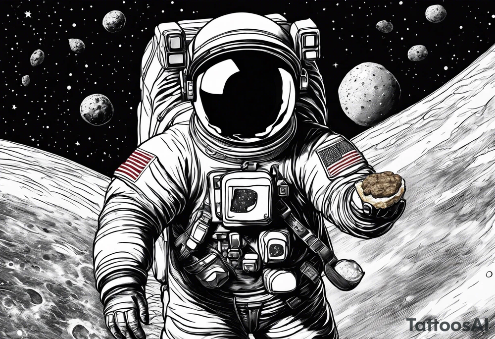 a picture of an astronaut dipping a chicken nugget in sauce while floating in space showing the full body tattoo idea
