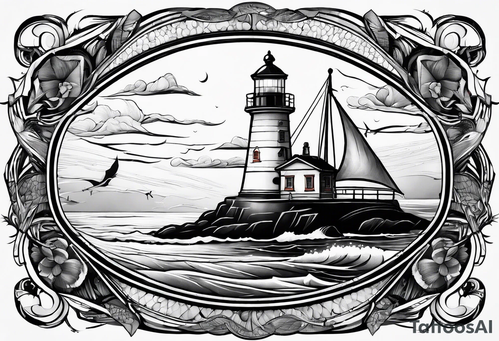 maritime lighthouse partially hidden by its  large fixed sails. tattoo idea