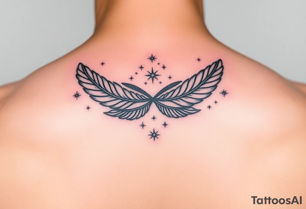 infinity symbol woven with floating feathers and stardust tattoo idea