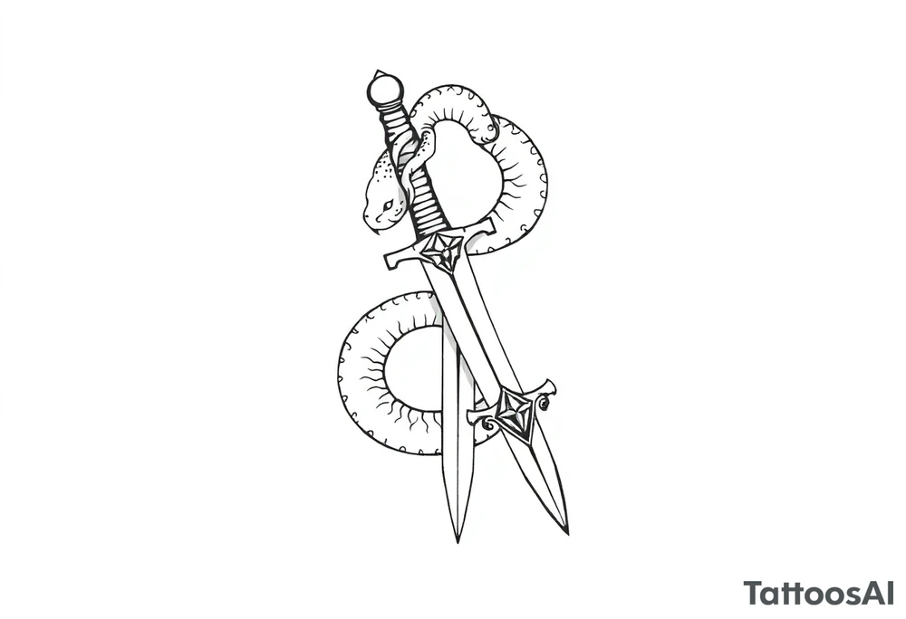 mystical snake coiled around an ancient dagger with jeweled hilt tattoo idea