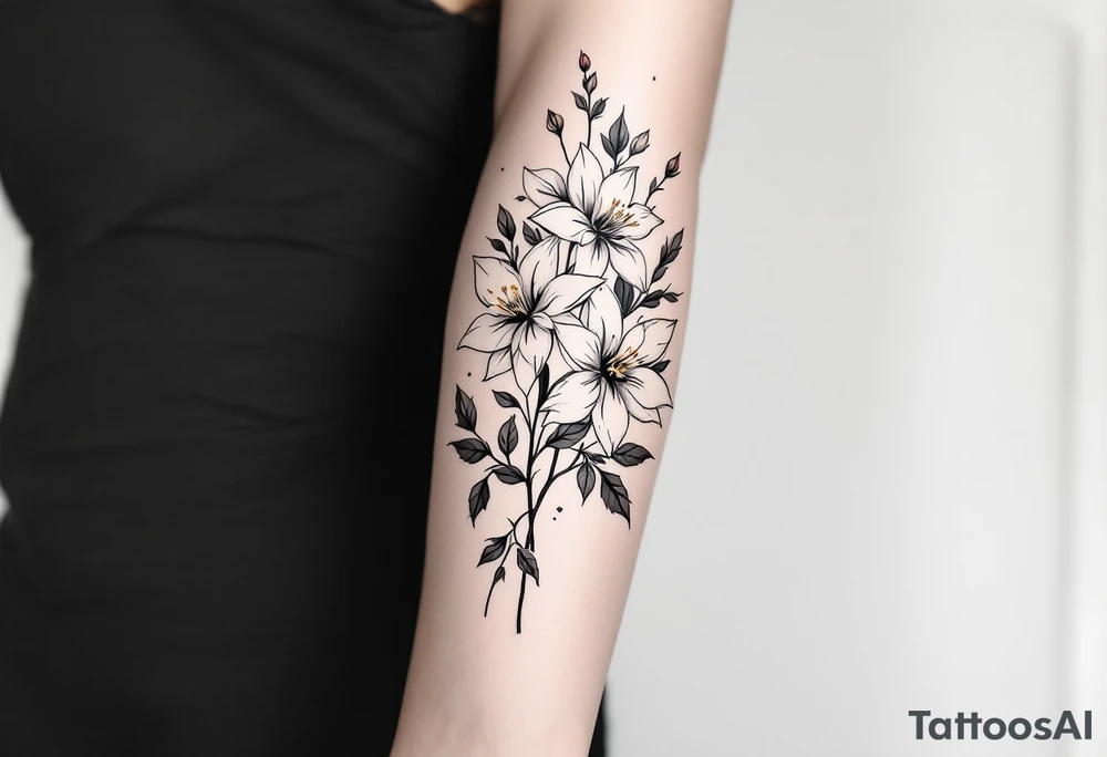 starting from a band mid-forearm, a sleeve of holly flowers and daffodils tattoo idea