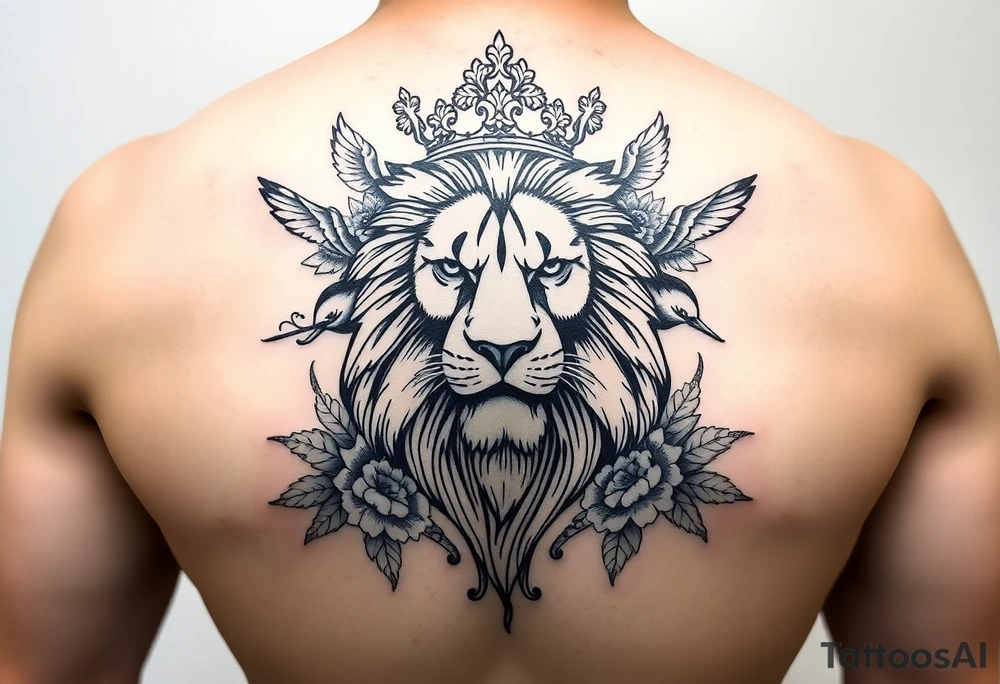 powerful majestic lion with a crown, surrounded by floral ornaments and birds tattoo idea