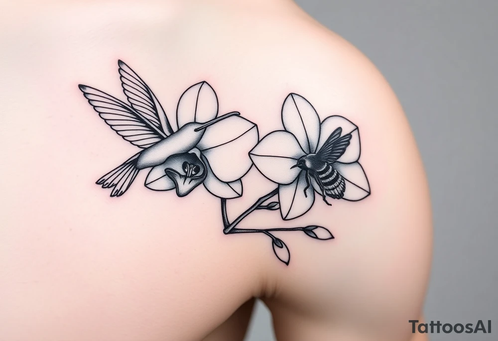 A delicate, black and white fine-line tattoo for male, featuring gracefully detailed 2 orchids in full bloom including their stems, with soft, intricate petals and elegant curves. Beside it, a hummingbird hovers mid-flight, its wings drawn with subtle motion lines, its slender beak reaching toward the orchid’s center to drink its nectar. on the other flower there is a bee that is resting tattoo idea