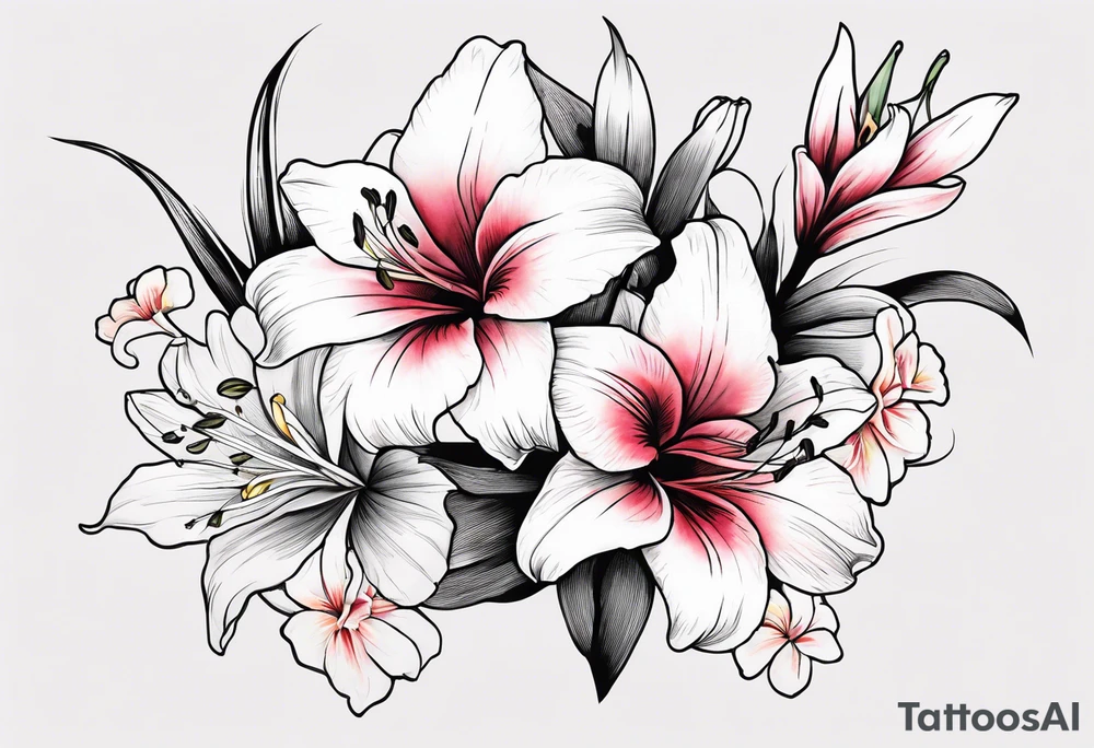 Lily, gladioli, cherry blossom, forget me nots tattoo idea