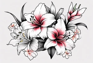 Lily, gladioli, cherry blossom, forget me nots tattoo idea