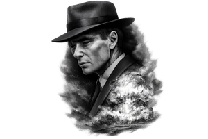 Create a high-end black-and-grey realism tattoo design featuring Cillian Murphy as J. Robert Oppenheimer from Christopher Nolan’s 2023 film Oppenheimer. His face must clearly resemble Cillian Murphy: sharp cheekbones, hollow cheeks, piercing light eyes, narrow face, intense haunted expression, wearing the dark 1940s suit and iconic wide-brimmed pork-pie hat from the film. Do NOT depict the historical J. Robert Oppenheimer or a generic 1940s scientist.

Show Cillian Murphy in dramatic three-quarter profile, looking slightly downward, with one side of his face illuminated by the Trinity nuclear explosion and the other disappearing into deep black shadow.

Behind and partially around him, show the Trinity test exploding over the New Mexico desert: an enormous white-hot fireball, rolling smoke, dust, and atmospheric shockwaves. The explosion should merge organically into his coat and silhouette instead of appearing as a separate mushroom cloud underneath him.

Incorporate subtle Manhattan Project imagery into the shadows: faint handwritten nuclear physics calculations, plutonium-core geometry, chain-reaction diagrams, Los Alamos technical sketches, and the distant silhouette of the Trinity test tower. These details should be secondary and partially hidden.

Make the entire piece dark, cinematic, ominous, sophisticated, and psychologically intense, inspired by the visual atmosphere of the 2023 Oppenheimer film. The tattoo should convey a brilliant man staring into the consequences of what he helped create.

Style: ultra-realistic black-and-grey tattoo, extremely accurate Cillian Murphy facial likeness, cinematic lighting, deep blacks, smooth greywash, fine-line details, realistic skin texture, strong contrast, controlled negative space, organic smoke transitions, no hard rectangular border, designed for an outer forearm or upper arm, vertical composition.

NO: historical Oppenheimer facial likeness, generic scientist, giant atom symbol around his head, atom halo, Einstein, cartoon imagery, symmetrical tattoo-flash layout, portrait sitting directly above a mushroom cloud, cheesy science icons, gears, clocks, skulls, roses, random text, gibberish equations, steampunk imagery, exaggerated fedora, smiling expression, superhero pose.



Keep this exact overall composition and cinematic black-and-grey realism. Remove the atomic orbit symbol entirely. Make the nuclear explosion more chaotic, realistic, and atmospheric, inspired by the Trinity test rather than a clean mushroom-cloud icon. Increase the portrait size slightly and blend the smoke naturally into the coat, jawline, and background. Keep the distant Trinity tower. Reduce the equations to extremely faint, authentic-looking handwritten physics notation partially hidden in the shadows. Make the portrait the dominant focal point and the explosion secondary. Preserve strong negative space and tattoo-friendly edges. tattoo idea