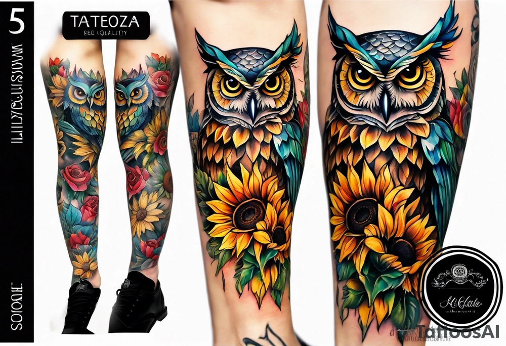 Leg sleeve with colorful sunflowers and an owl tattoo idea