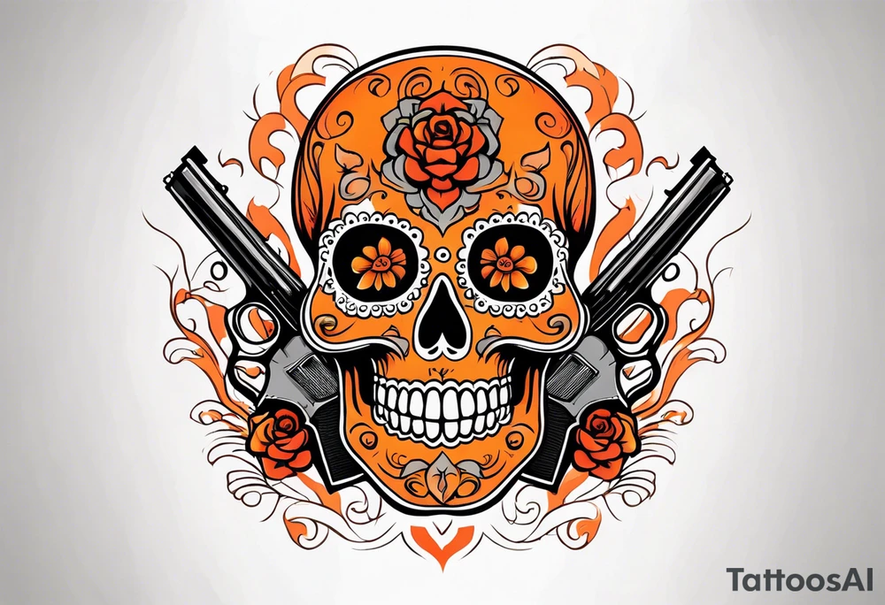 Orange Sugar skull with guns that are orange and red with smoke around it tattoo idea