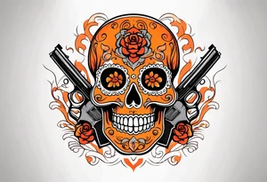 Orange Sugar skull with guns that are orange and red with smoke around it tattoo idea