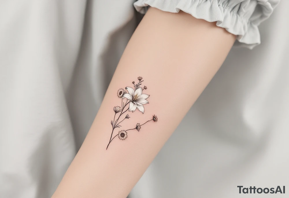 stargazer lillies in white with small sunflowers and poppies in a dainty wildflower bouquet with stems tattoo idea