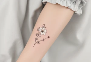 stargazer lillies in white with small sunflowers and poppies in a dainty wildflower bouquet with stems tattoo idea