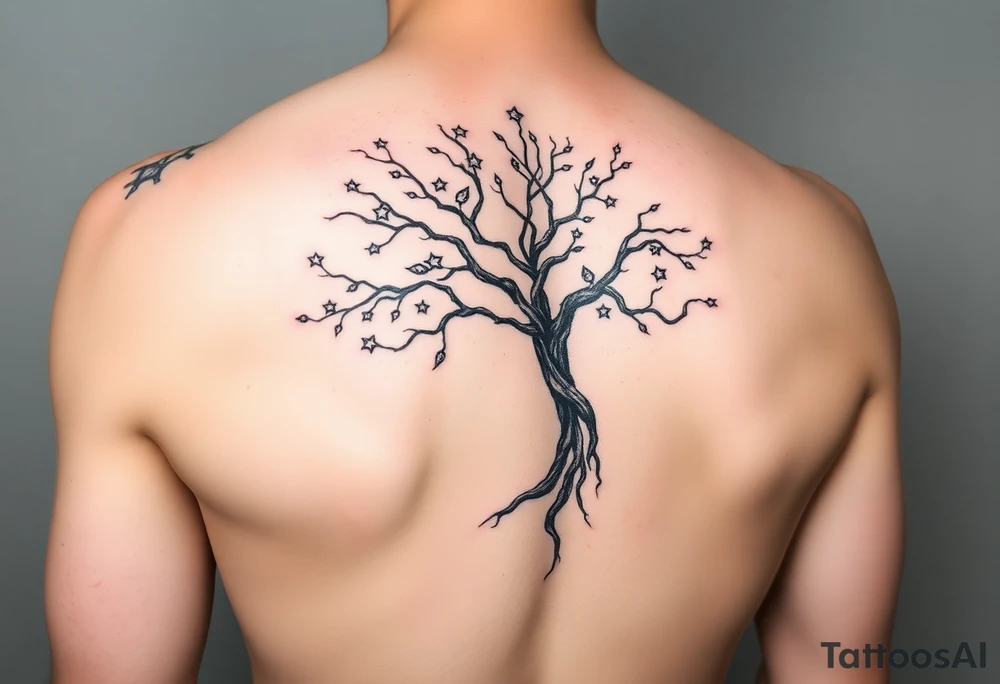 Flowing asymmetrical symbolic tree quarter sleeve on shoulder. Bold and simple branches that do not look realistic. Tree of gondor with seven stars tattoo idea