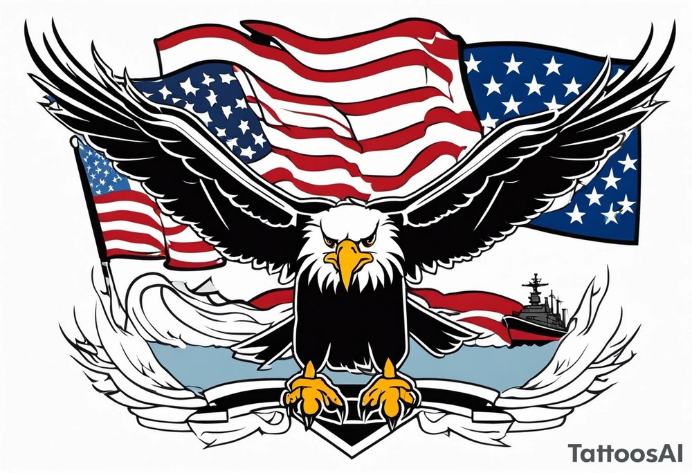 eagle flying in front of USS Nimitz holding American flag in beak tattoo idea