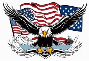 eagle flying in front of USS Nimitz holding American flag in beak tattoo idea