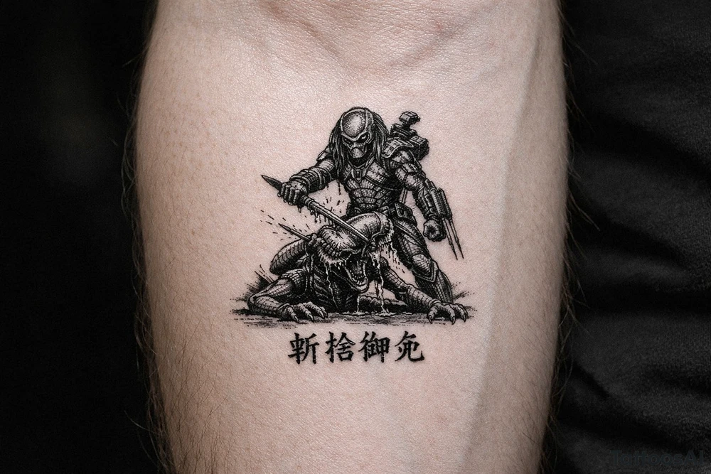 predator killing alien, alien is crawling from the ground. Predator stands up tall, driving his spear with his right hand through the xenomorphs big head with acid coming down. The predator's left shoulder has its laser gun pointed down. the Left forerarm has its famous doubled blade out. Below the image the japanese inscription for kirisute gomen tattoo idea
