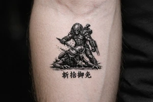 predator killing alien, alien is crawling from the ground. Predator stands up tall, driving his spear with his right hand through the xenomorphs big head with acid coming down. The predator's left shoulder has its laser gun pointed down. the Left forerarm has its famous doubled blade out. Below the image the japanese inscription for kirisute gomen tattoo idea