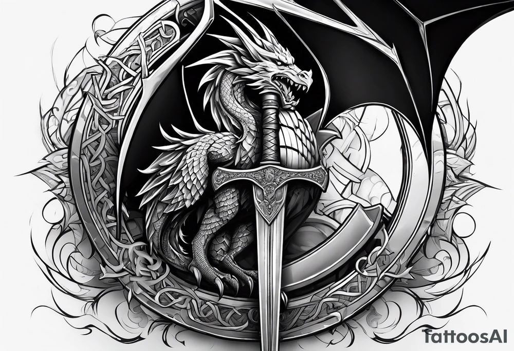 Valhalla word sword shield dragon axe tattoo idea